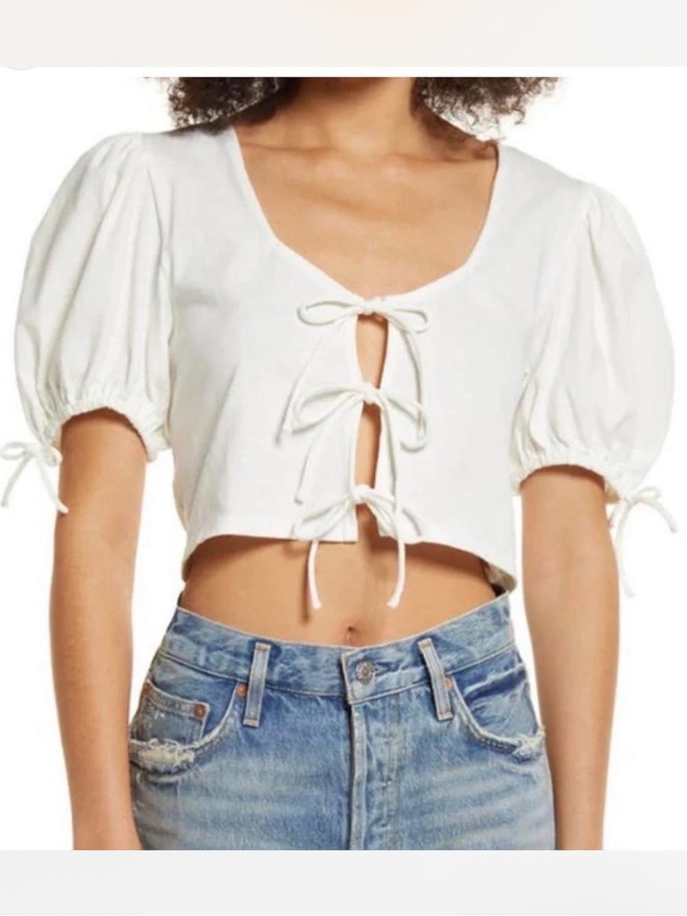 Free People Tie-Front Puff Sleeve Crop Top White - XS